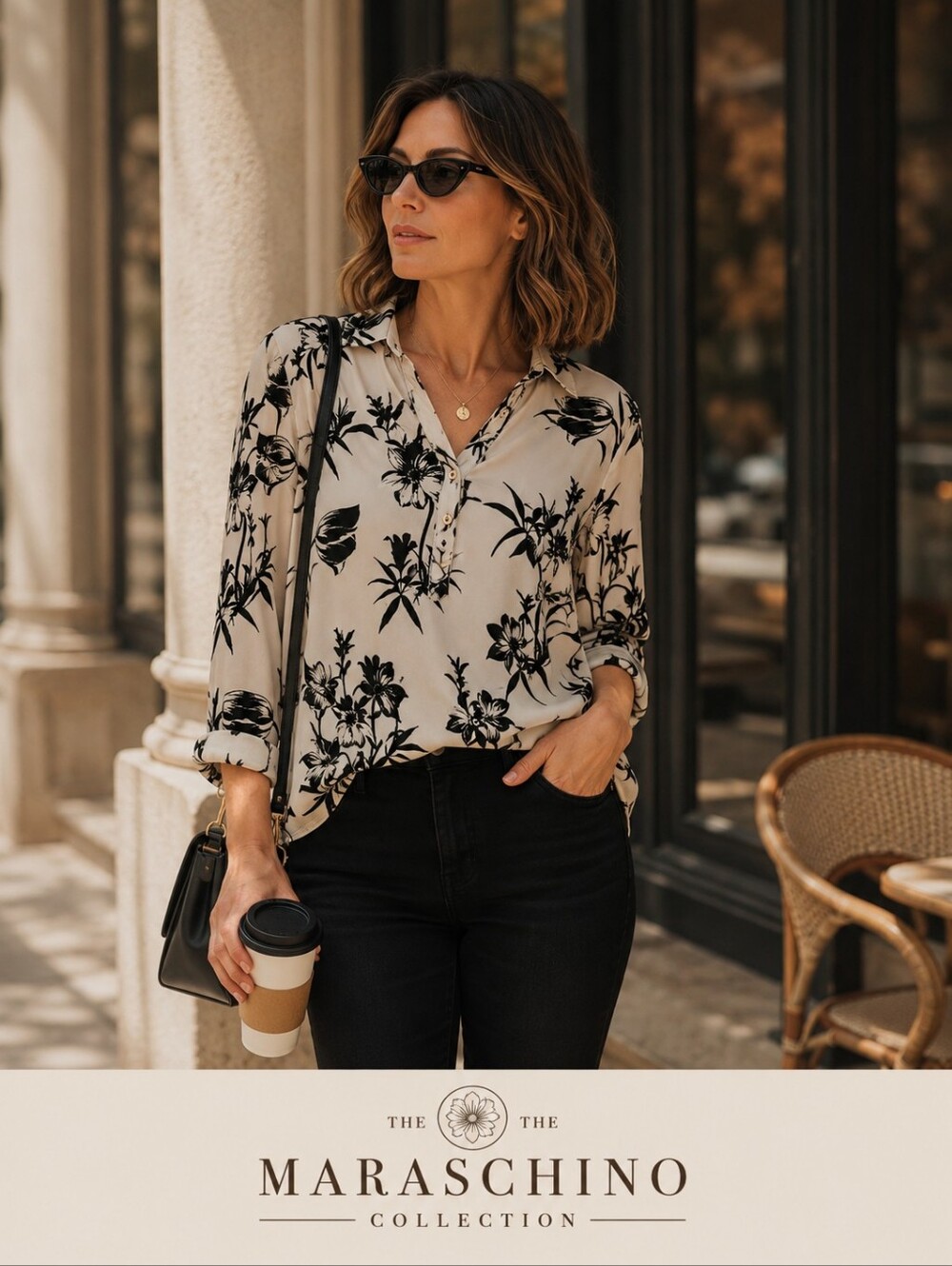 Charter Club Black & White Floral Blouse | Medium